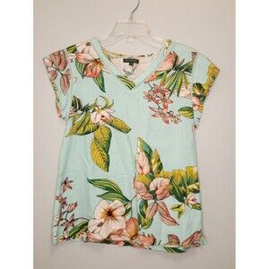 For Cynthia Tropical Floral V-Neck Linen Top Size Medium